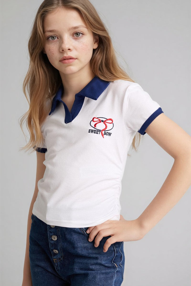 DeFacto White Girl Girl Slim Fit Polo Collar Printed T-Shirt Casual - Image 1